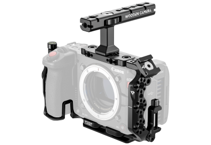 Canon EOS C50 camera body with wooden camera cage on a white background