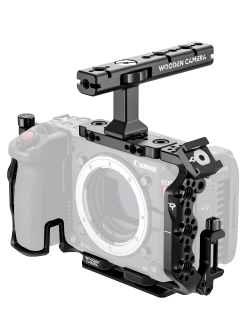 Canon EOS C50 camera body with wooden camera cage on a white background