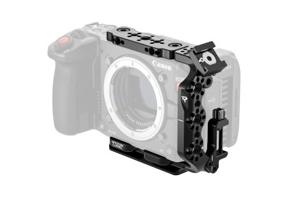 Canon EOS C50 camera body with wooden camera cage on a white background