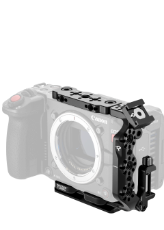 Canon EOS C50 camera body with wooden camera cage on a white background